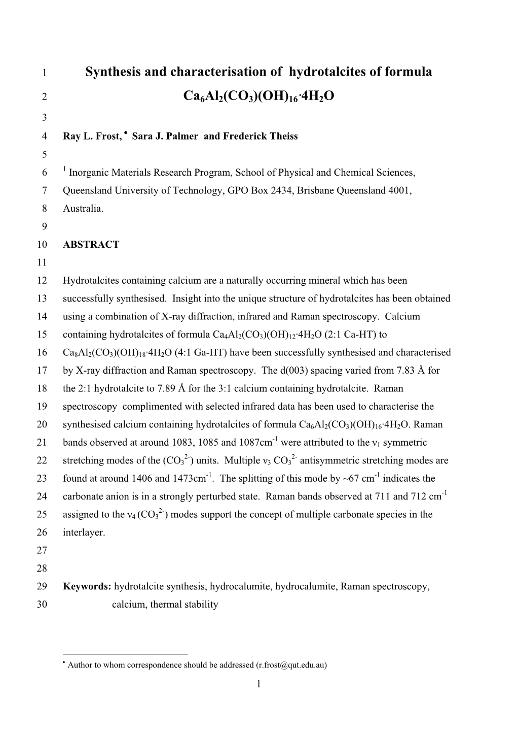 Synthesis and Characterisation of Hydrotalcites of Formula Ca6al2(CO3)