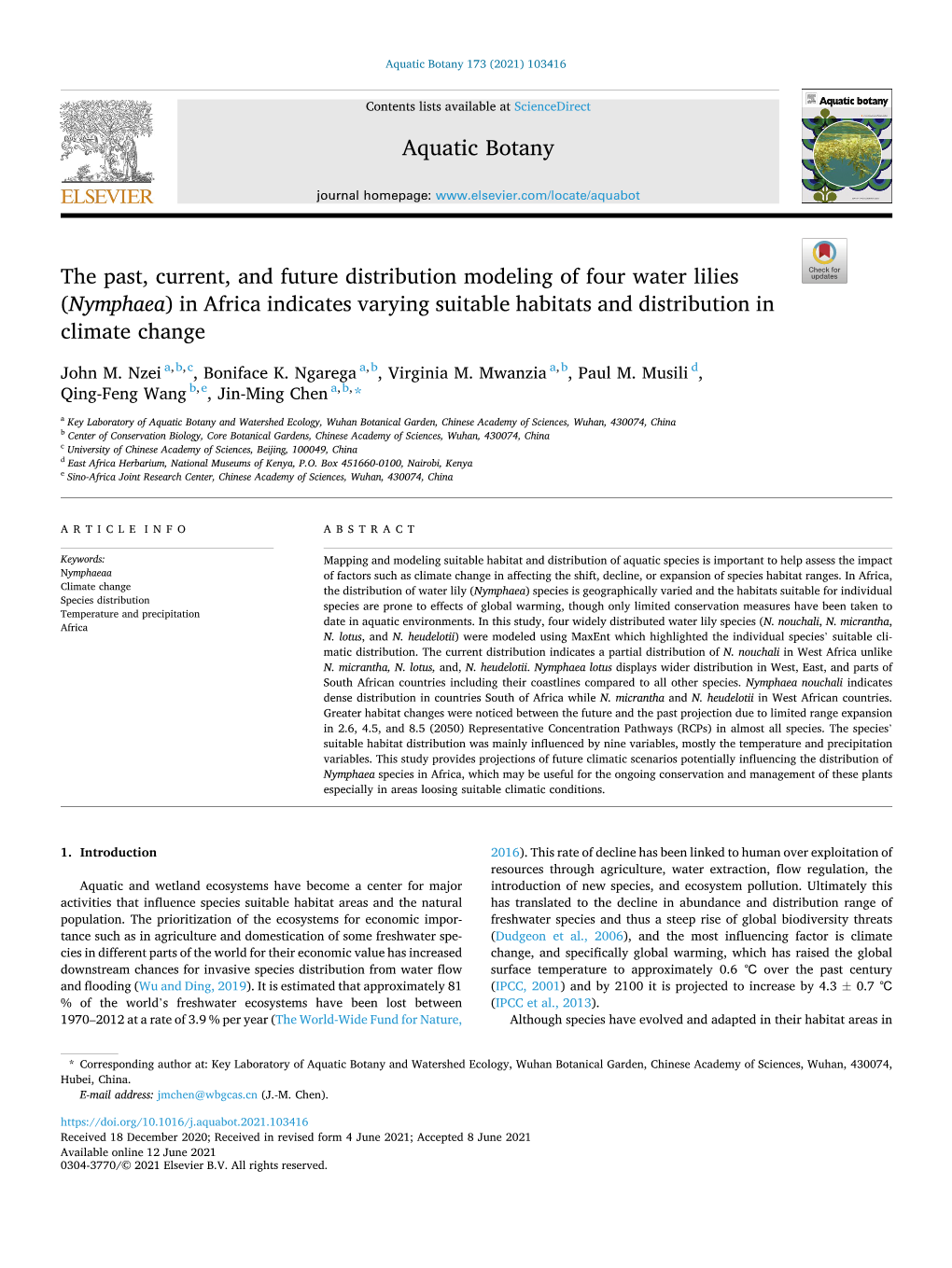 Nymphaea) in Africa Indicates Varying Suitable Habitats and Distribution in Climate Change