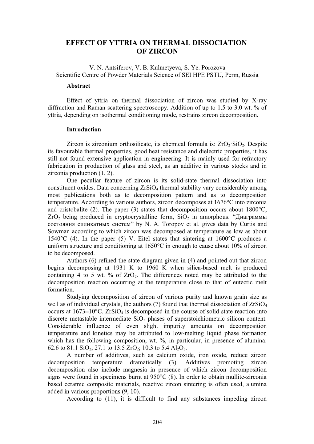 Effect of Yttria on Thermal Dissociation