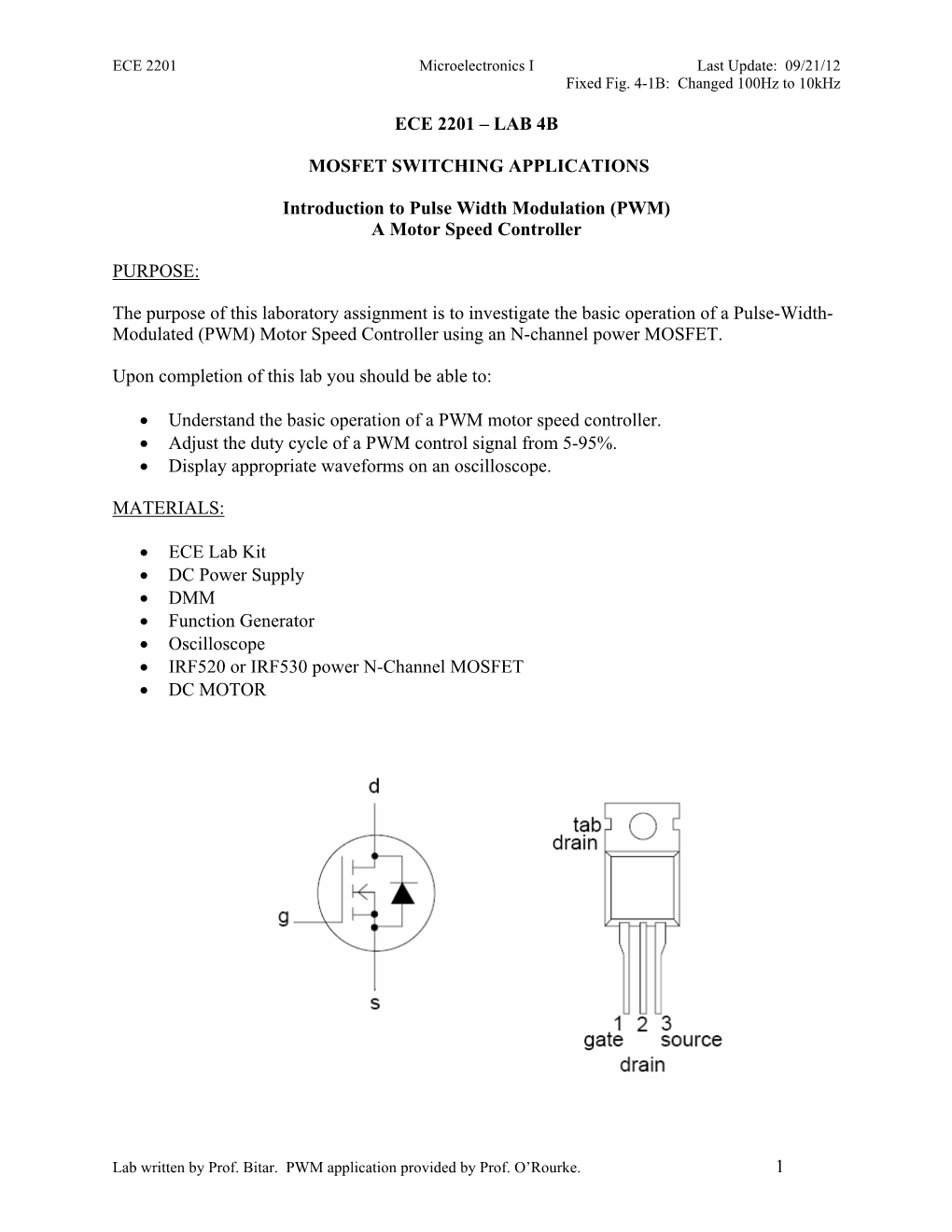 1 Ece 2201 – Lab 4B Mosfet Switching Applications