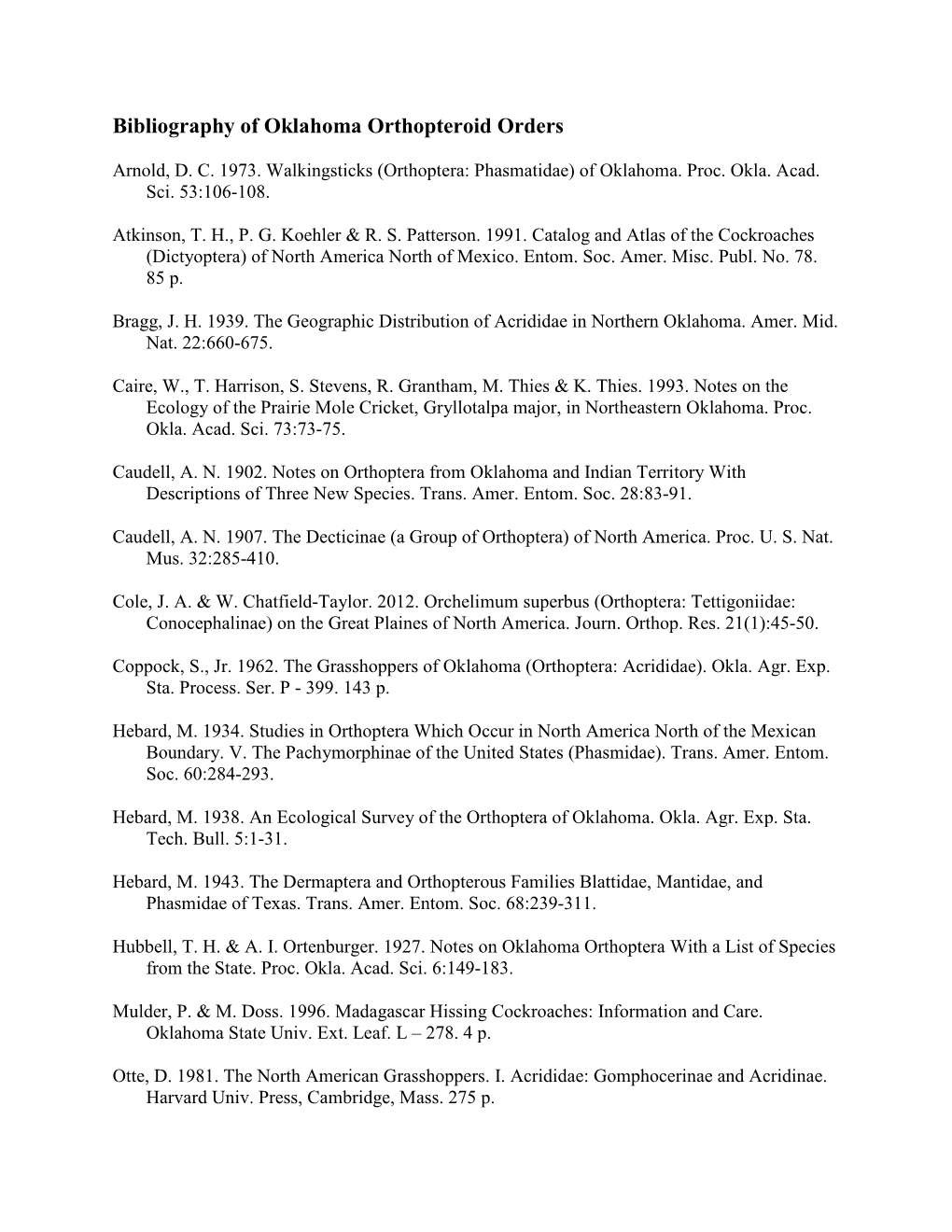 Bibliography of Oklahoma Orthopteroid Orders