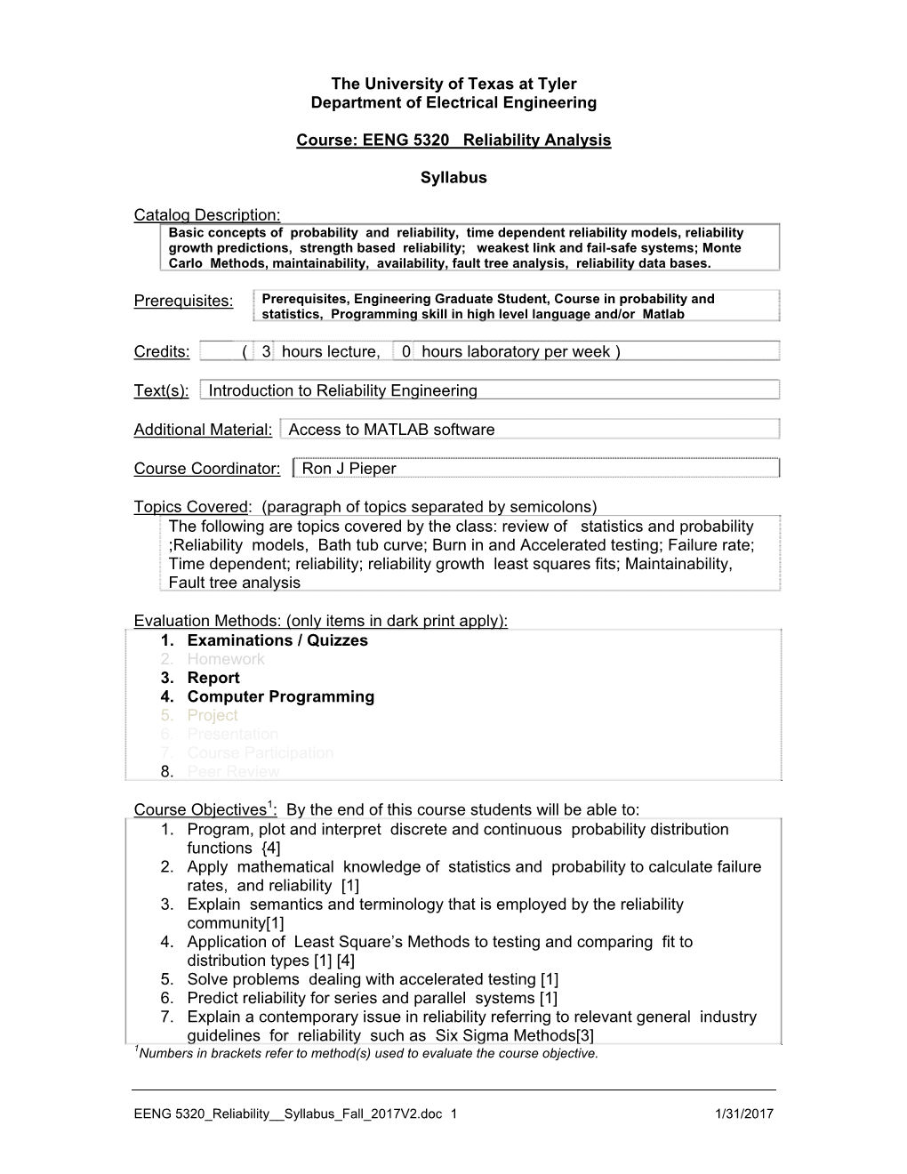 EENG 5320 Reliability Analysis Syllabus Cata