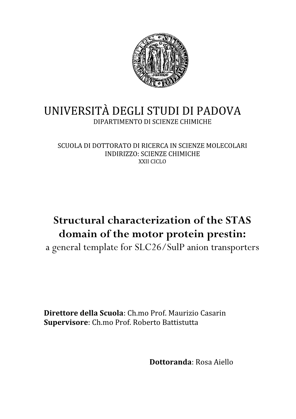 Università Degli Studi Di Padova Dipartimento Di Scienze Chimiche