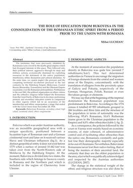 The Role of Education from Bukovina in the Consolidation of the Romanian Ethic Spirit from a Period Prior to the Union with Romania