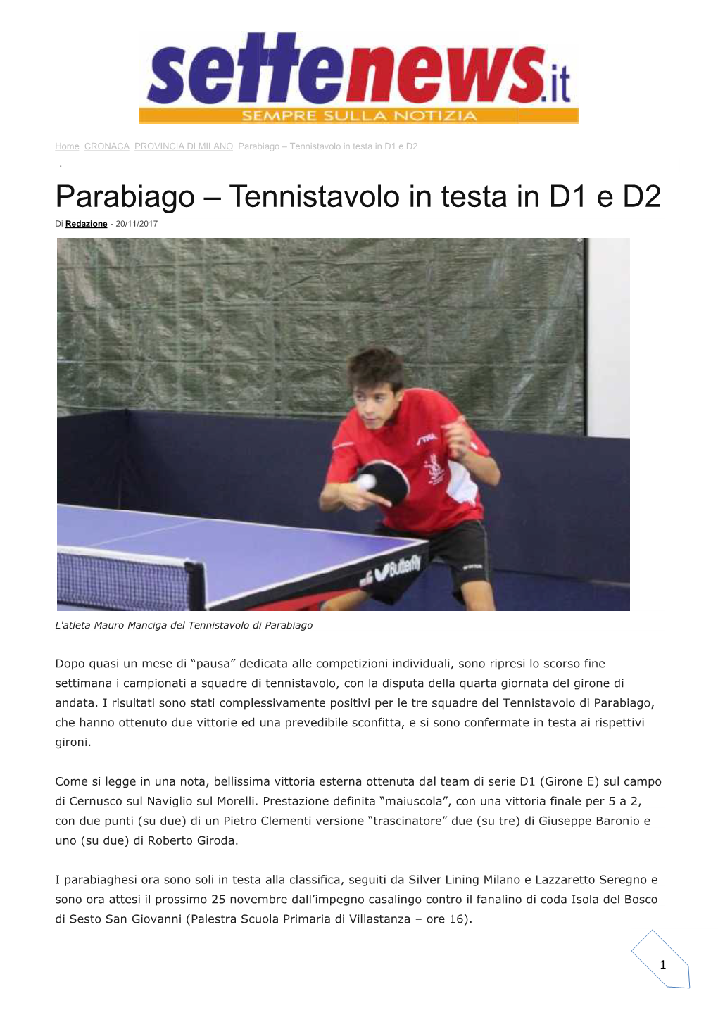 Parabiago – Tennistavolo in Biago