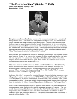 The Fred Allen Show” (October 7, 1945) Added to the National Registry: 2005 Essay by Cary O’Dell