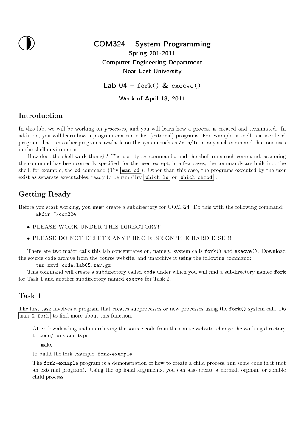 COM324 – System Programming Lab 04 – Fork() & Execve() Introduction