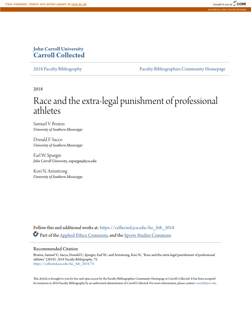 Race and the Extra-Legal Punishment of Professional Athletes Samuel V