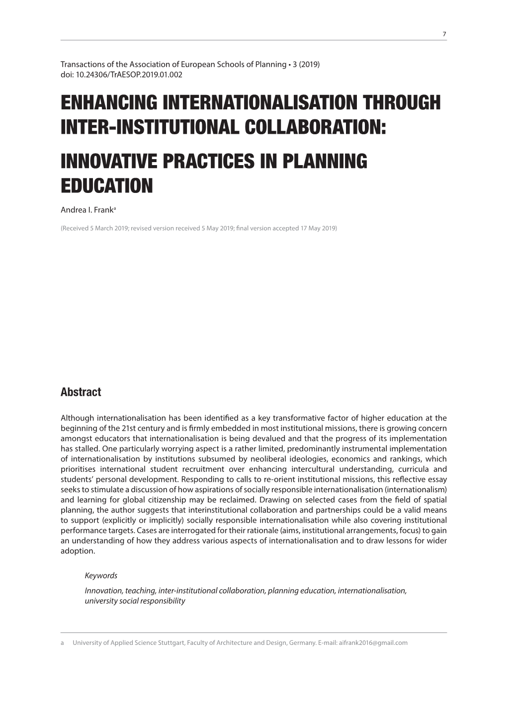 Enhancing Internationalisation Through Inter-Institutional Collaboration: Innovative Practices in Planning Education