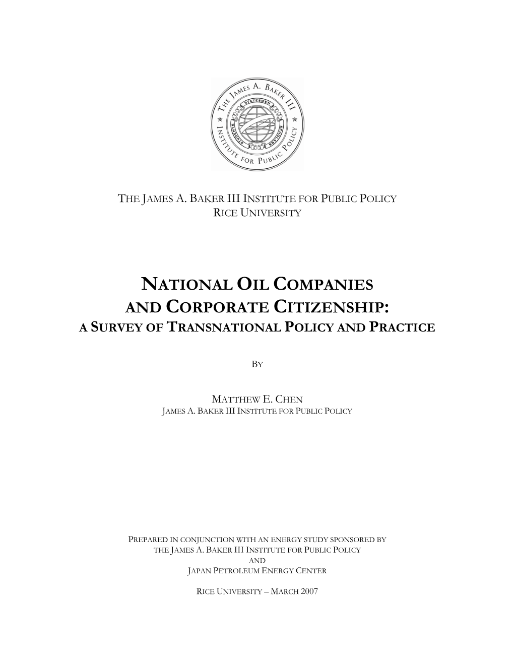 National Oil Companies and Corporate Citizenship: a Survey of Transnational Policy and Practice