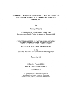 Stakeholder Involvement in Corporate Social and Environmental Strategies in Mont- Tremblant