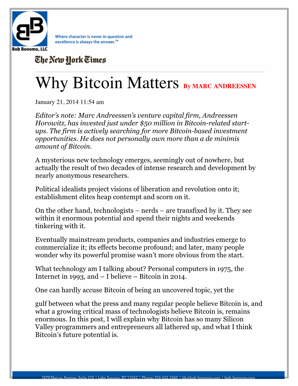 Why Bitcoin Matters by MARC ANDREESSEN NY TIMES