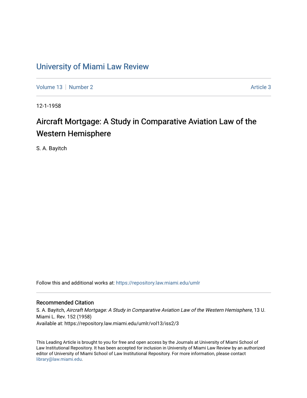 Aircraft Mortgage: a Study in Comparative Aviation Law of the Western Hemisphere