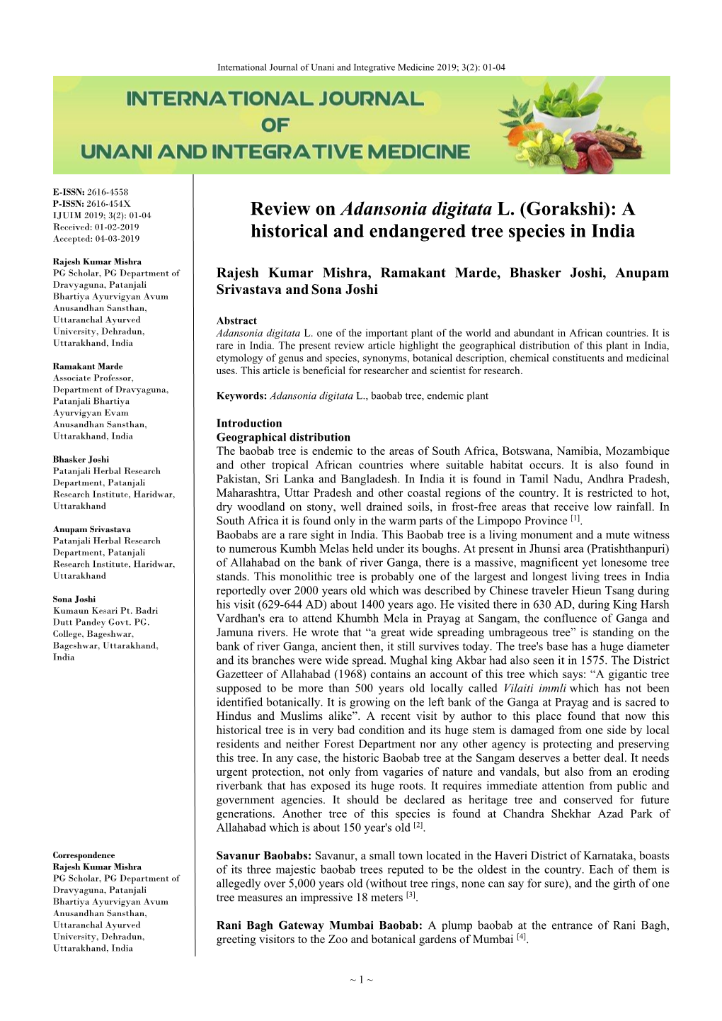 Review on Adansonia Digitata L. (Gorakshi): a Received: 01-02-2019 Accepted: 04-03-2019 Historical and Endangered Tree Species in India