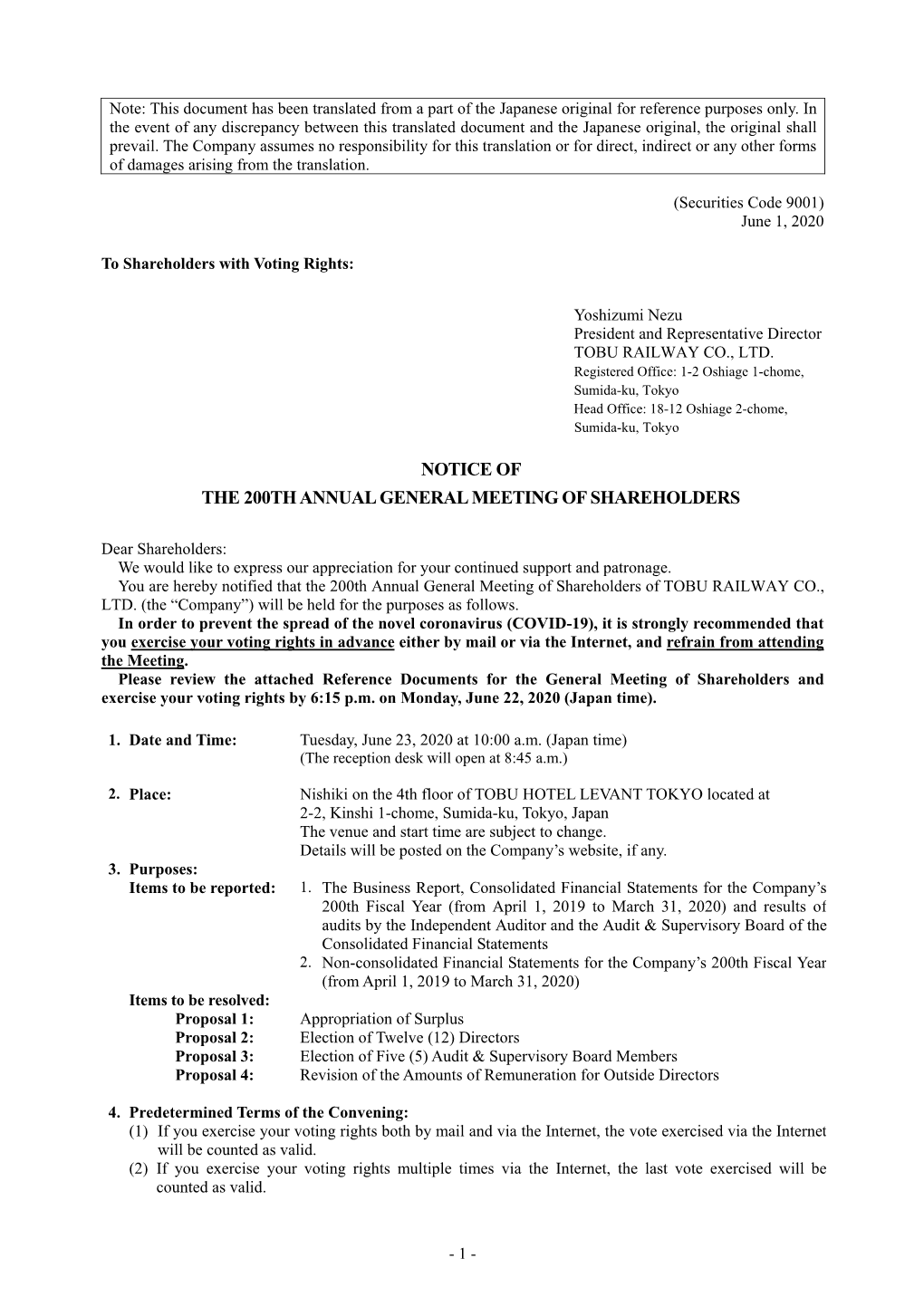 Notice of the 200Th Annual General Meeting of Shareholders