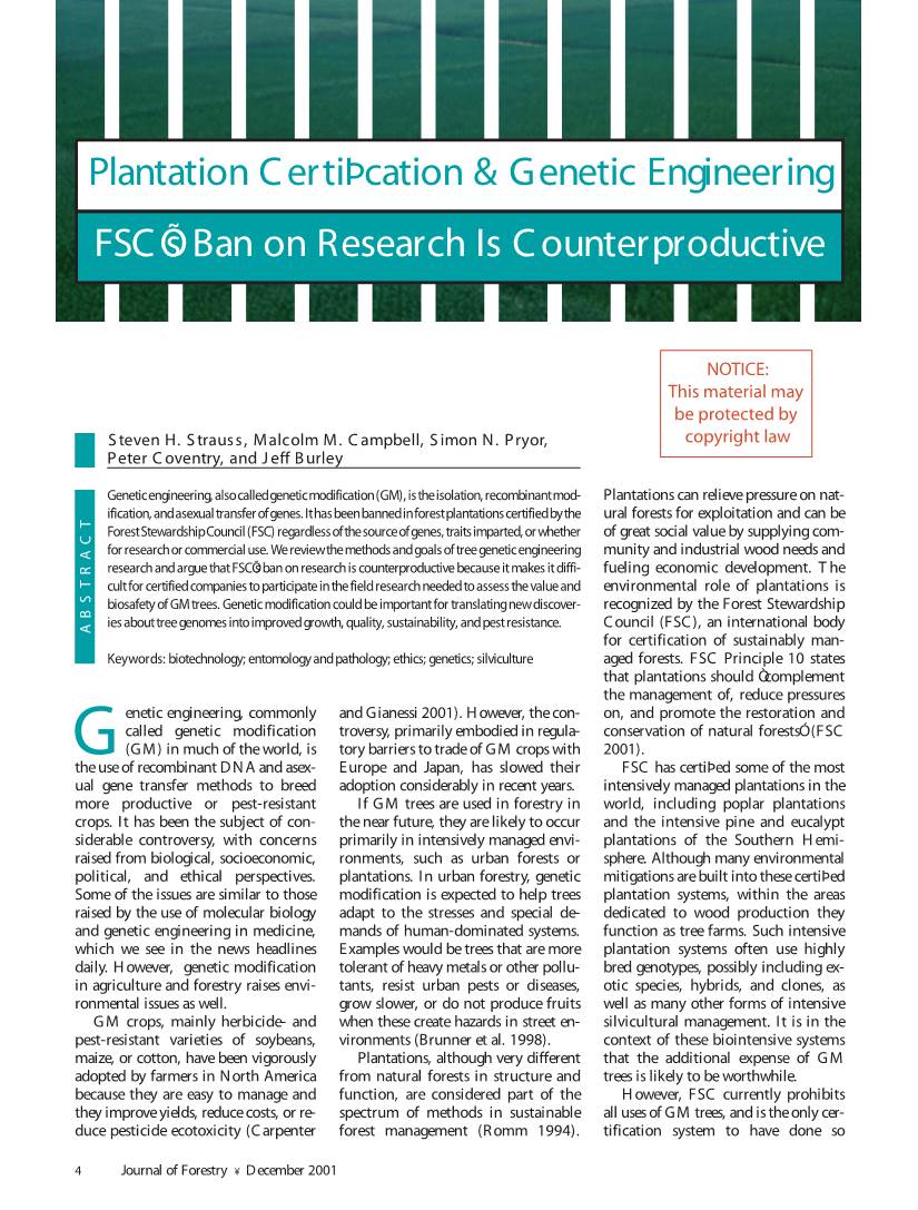 Plantation C Ertiﬁcation & Genetic Engineering