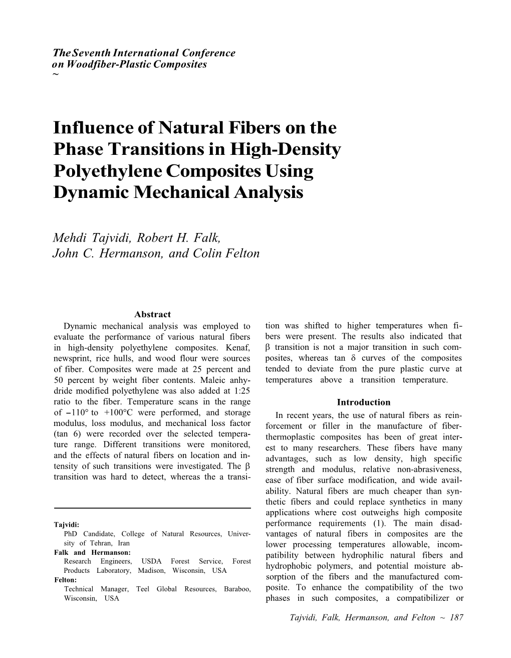 Influence of Natural Fibers on the Phase Transitions in High-Density Polyethylene Composites Using Dynamic Mechanical Analysis