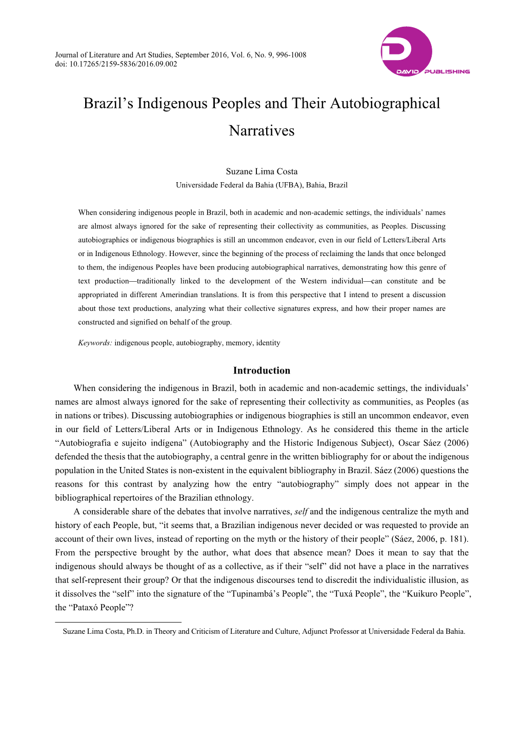 Brazil's Indigenous Peoples and Their Autobiographical Narratives