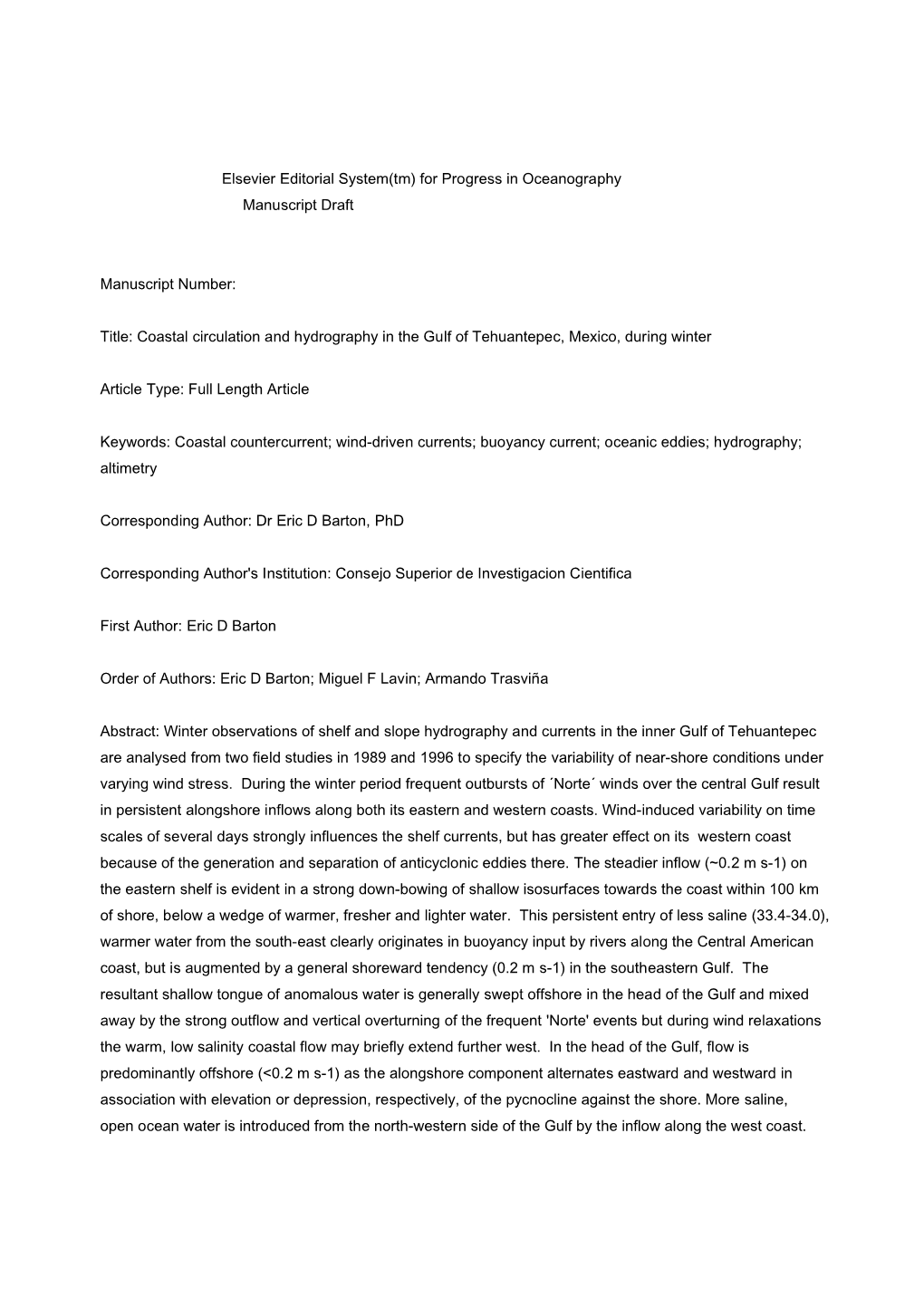 Coastal Circulation and Hydrography in the Gulf of Tehuantepec, Mexico, During Winter