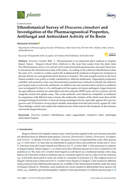 Ethnobotanical Survey of Dracaena Cinnabari and Investigation of the Pharmacognostical Properties, Antifungal and Antioxidant Activity of Its Resin