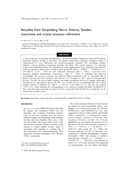 Barysilite from Garpenberg Norra, Dalarna, Sweden: Occurrence and Crystal Structure Refinement