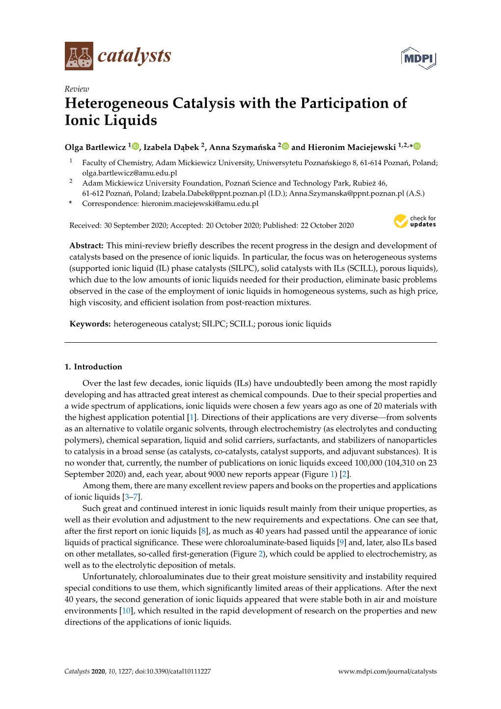 Heterogeneous Catalysis with the Participation of Ionic Liquids