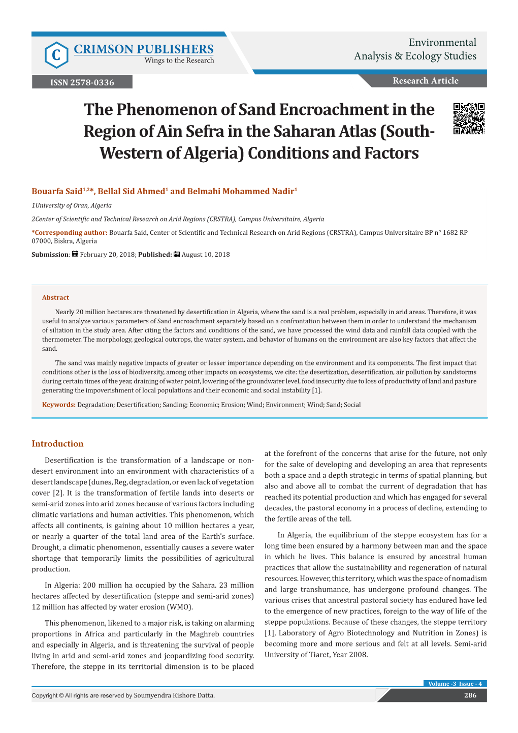 The Phenomenon of Sand Encroachment in the Region of Ain Sefra in the Saharan Atlas (South- Western of Algeria) Conditions and Factors