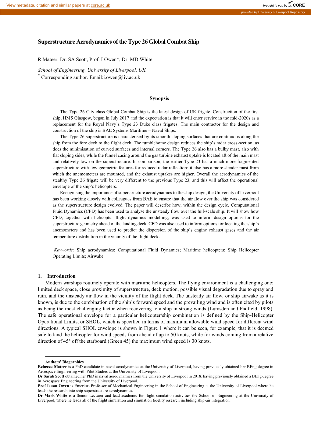 Superstructure Aerodynamics of the Type 26 Global Combat Ship