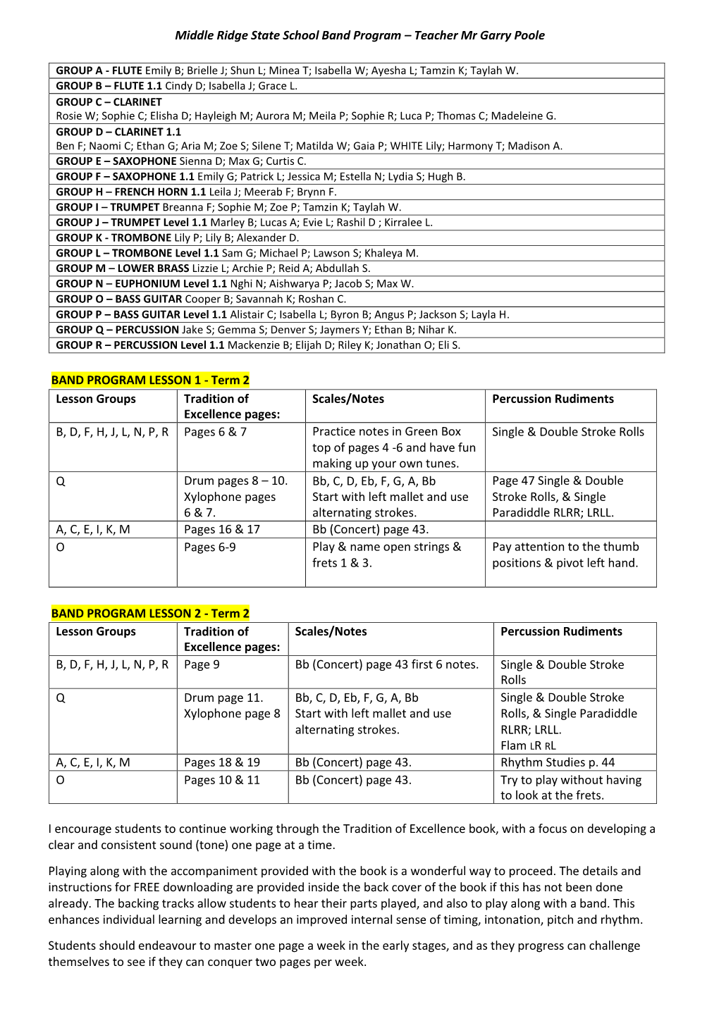 Teacher Mr Garry Poole BAND PROGRAM LESSON 1