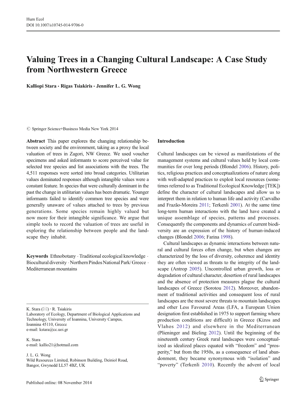 Valuing Trees in a Changing Cultural Landscape: a Case Study from Northwestern Greece