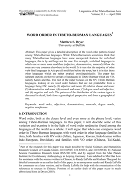 Word Order in Tibeto-Burman Languages