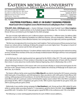 EASTERN FOOTBALL INKS 21 in EARLY SIGNING PERIOD Head Coach Chris Creighton Covers North America to Add Players from 11 States