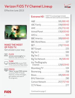 Verizon Fios TV Channel Lineup Effective June 2013