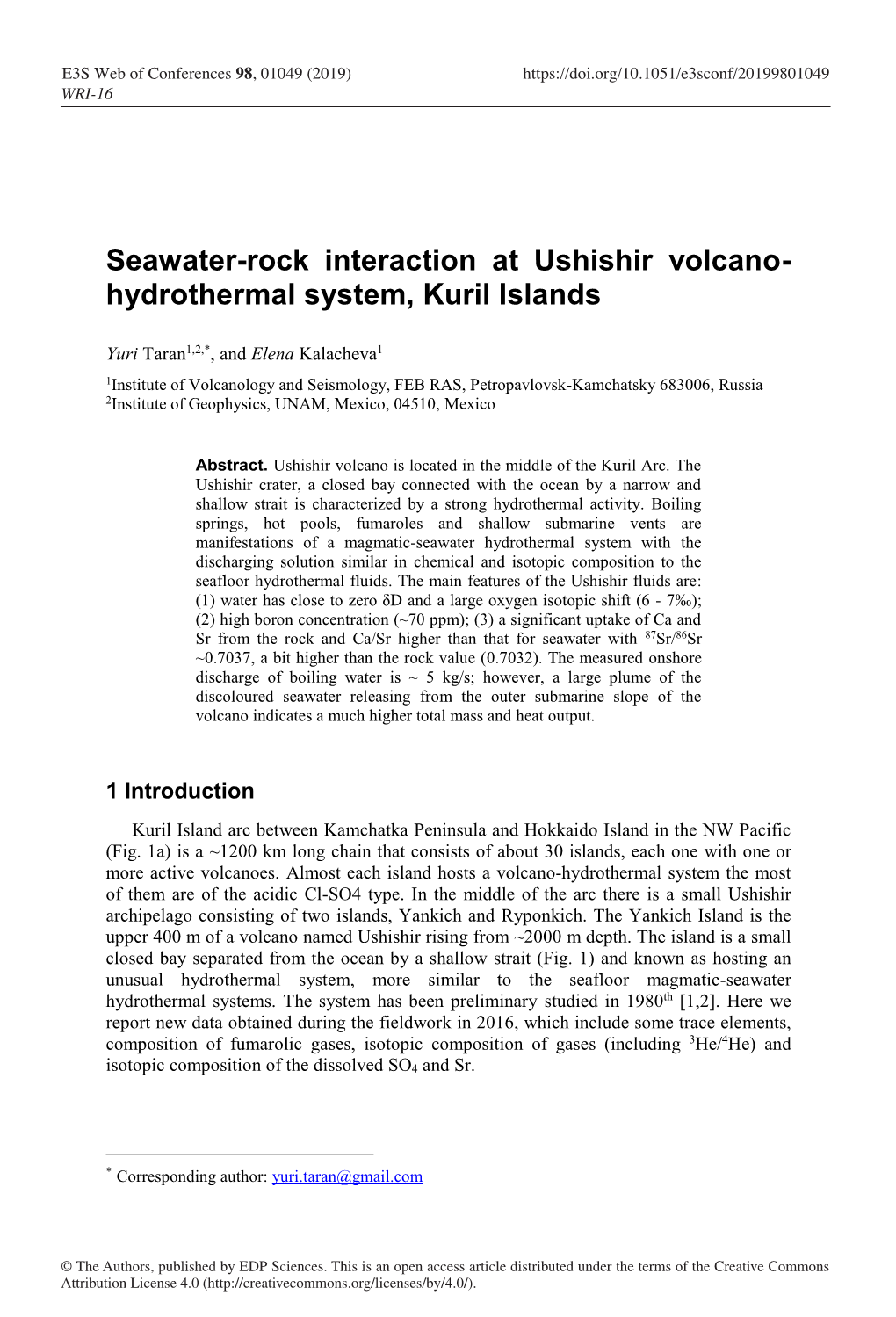 Seawater-Rock Interaction at Ushishir Volcano-Hydrothermal System, Kuril