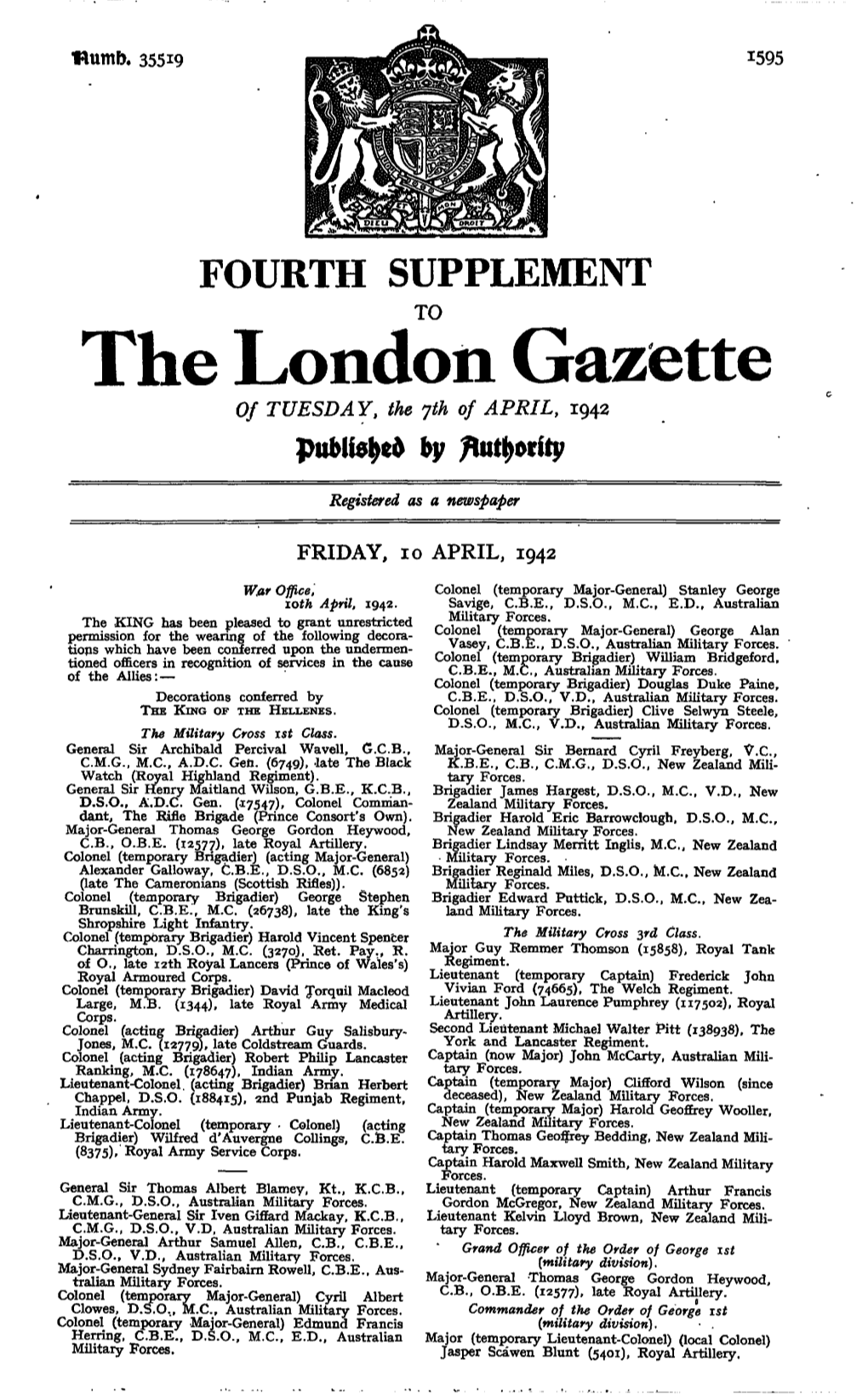 The London Gazette of TUESDAY, the Jth of APRIL, 1942 By