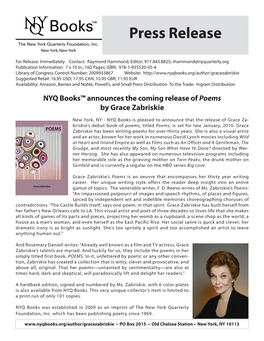 Books Press Release the New York Quarterly Foundation, Inc