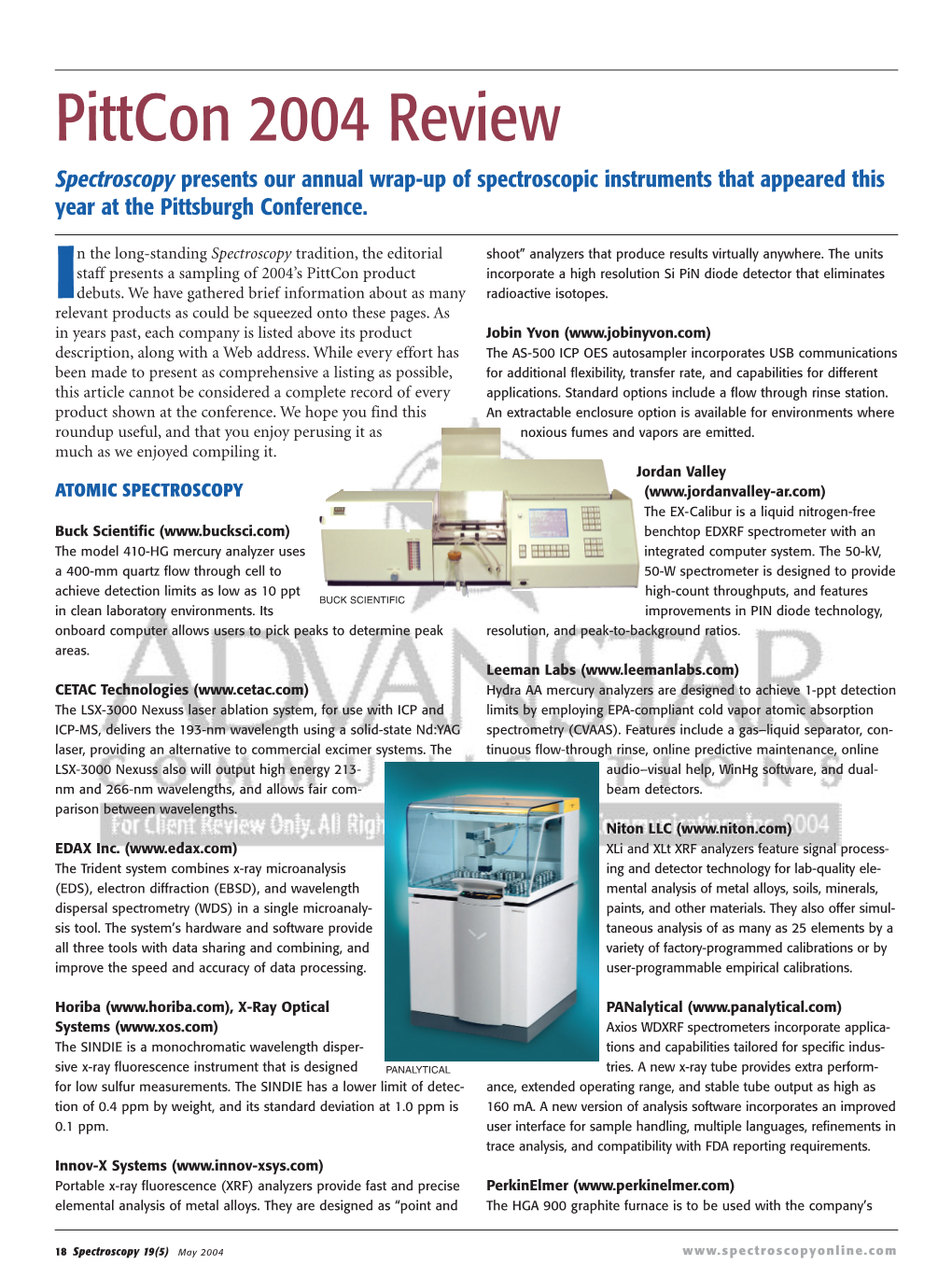 Pittcon 2004 Review Spectroscopy Presents Our Annual Wrap-Up of Spectroscopic Instruments That Appeared This Year at the Pittsburgh Conference