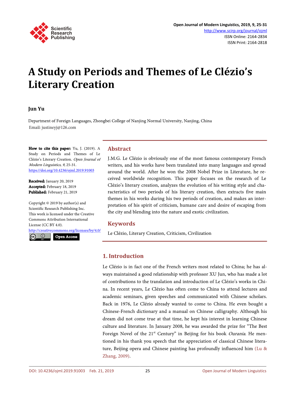 A Study on Periods and Themes of Le Clézio's Literary Creation