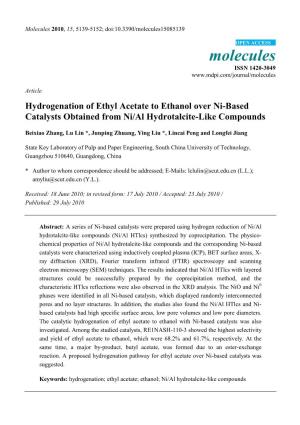 Hydrogenation of Ethyl Acetate to Ethanol Over Ni-Based Catalysts Obtained from Ni/Al Hydrotalcite-Like Compounds