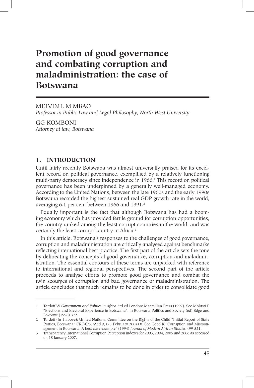 Promotion of Good Governance and Combating Corruption and Maladministration: the Case of Botswana