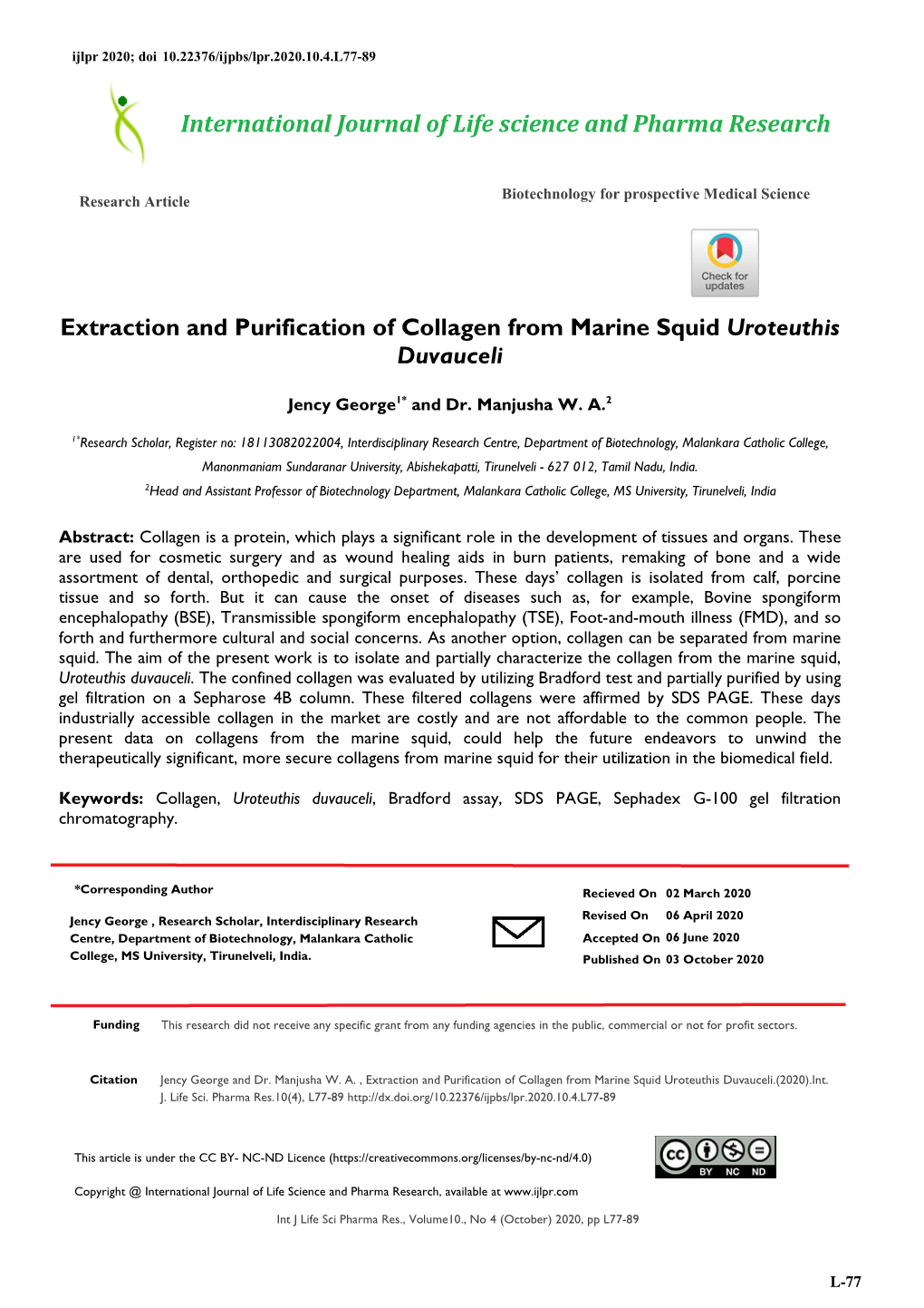 Extraction and Purification of Collagen from Marine Squid Uroteuthis Duvauceli