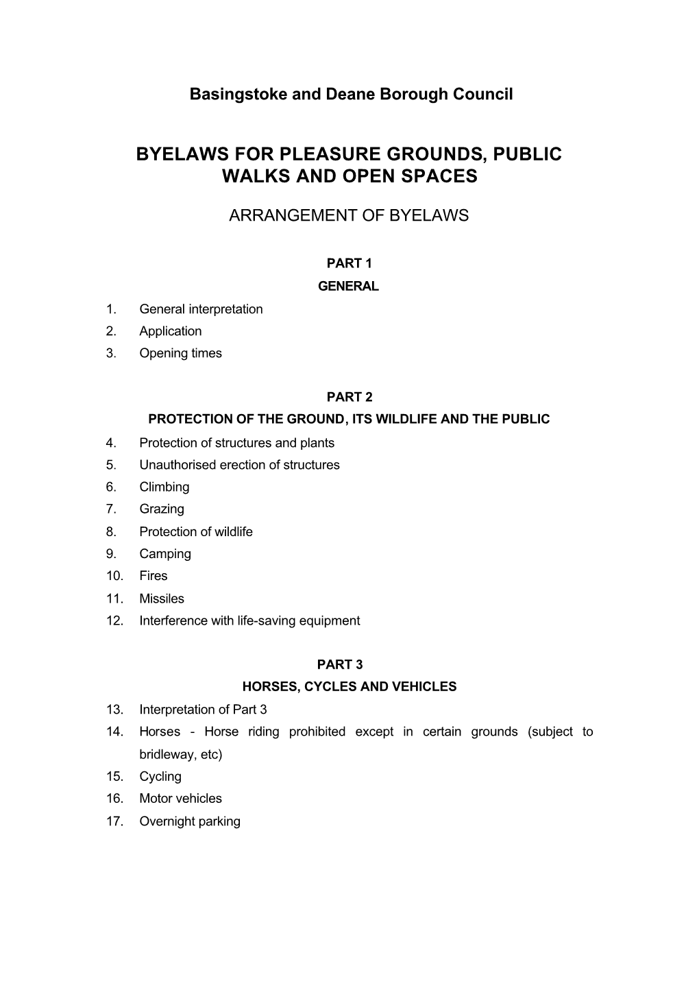 Byelaws for Pleasure Grounds, Public Walks and Open Spaces