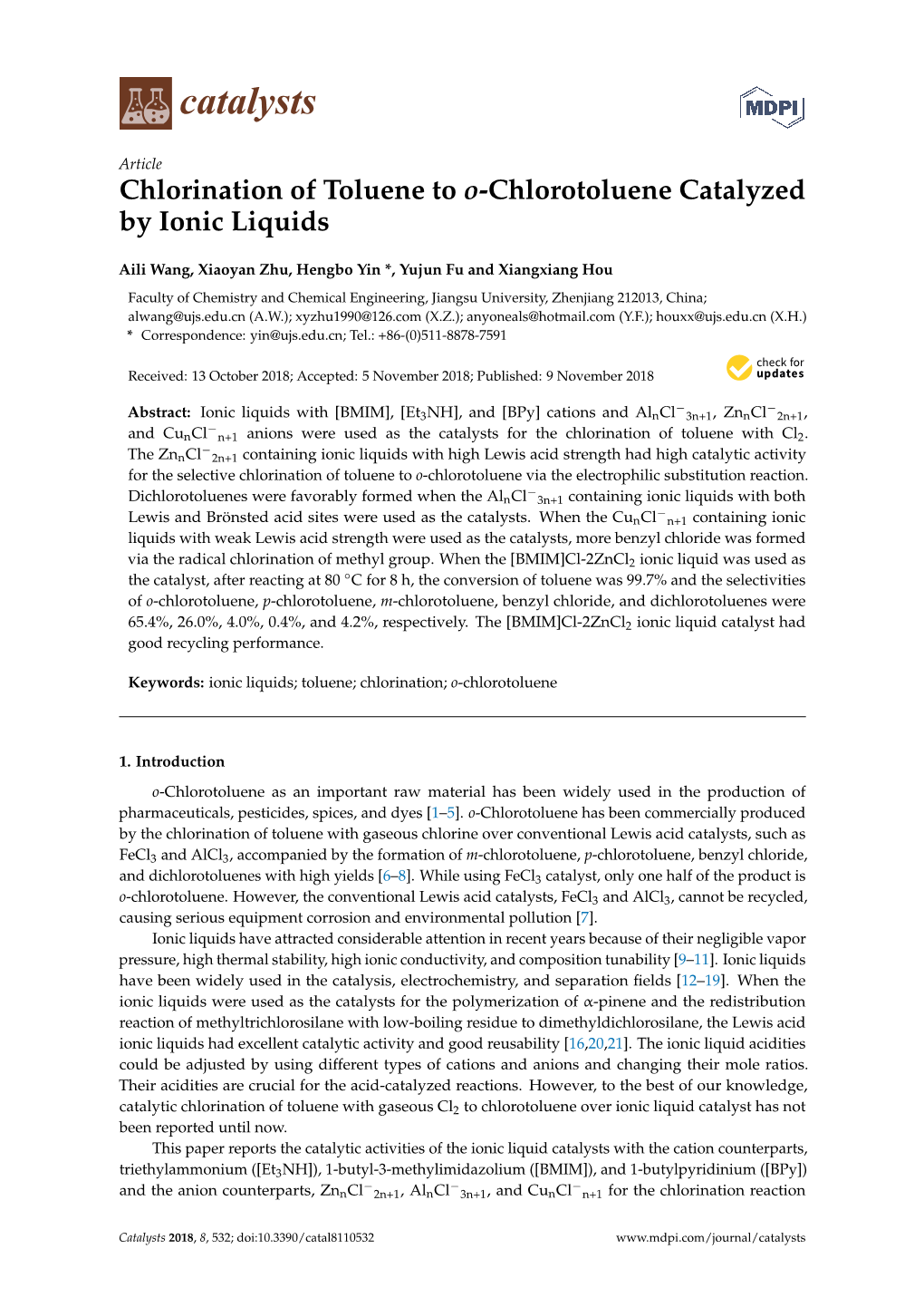 Chlorination of Toluene to O-Chlorotoluene Catalyzed by Ionic Liquids