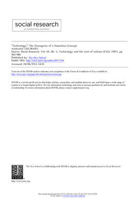 "Technology": the Emergence of a Hazardous Concept Author(S): LEO MARX Source: Social Research, Vol