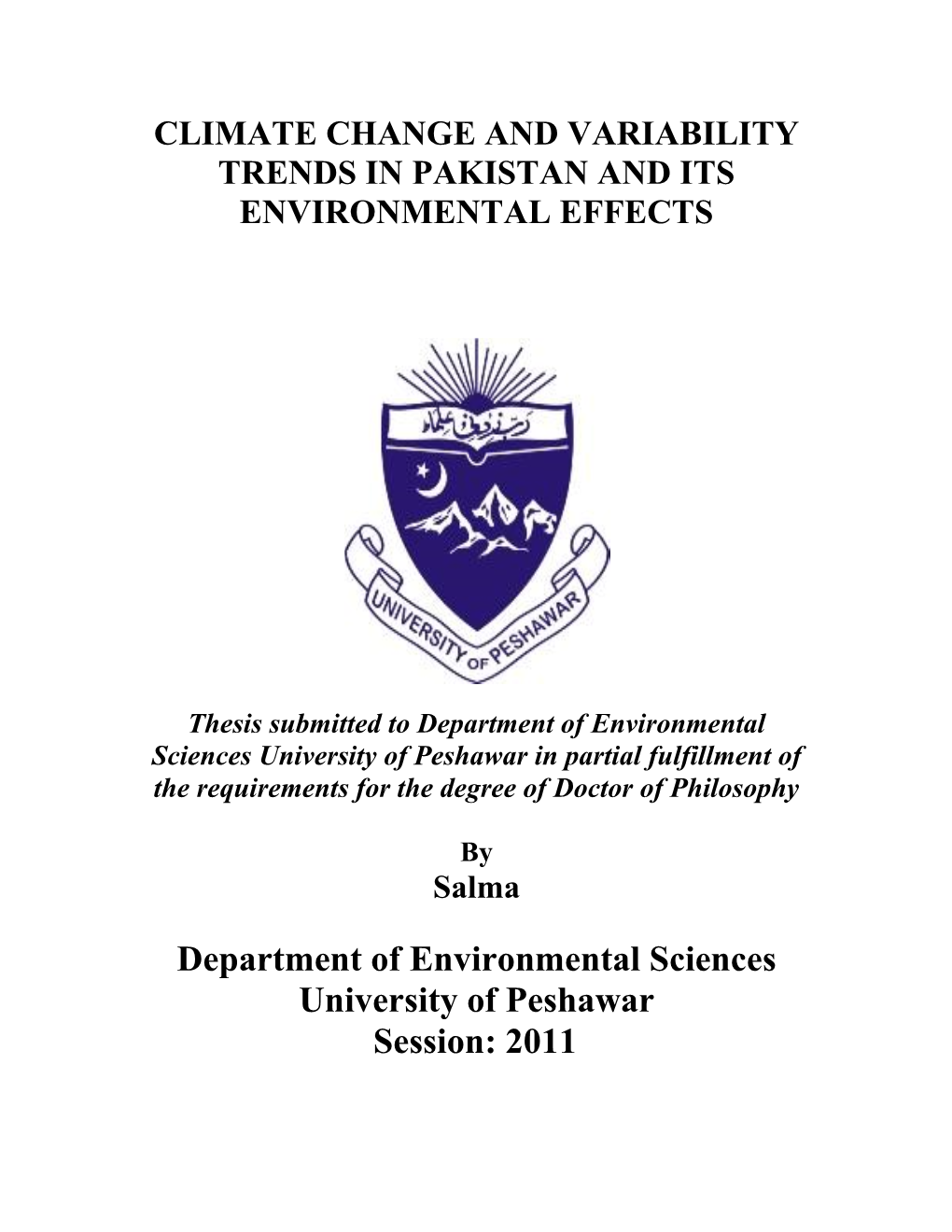 Climate Change and Variability Trends in Pakistan and Its Environmental Effects