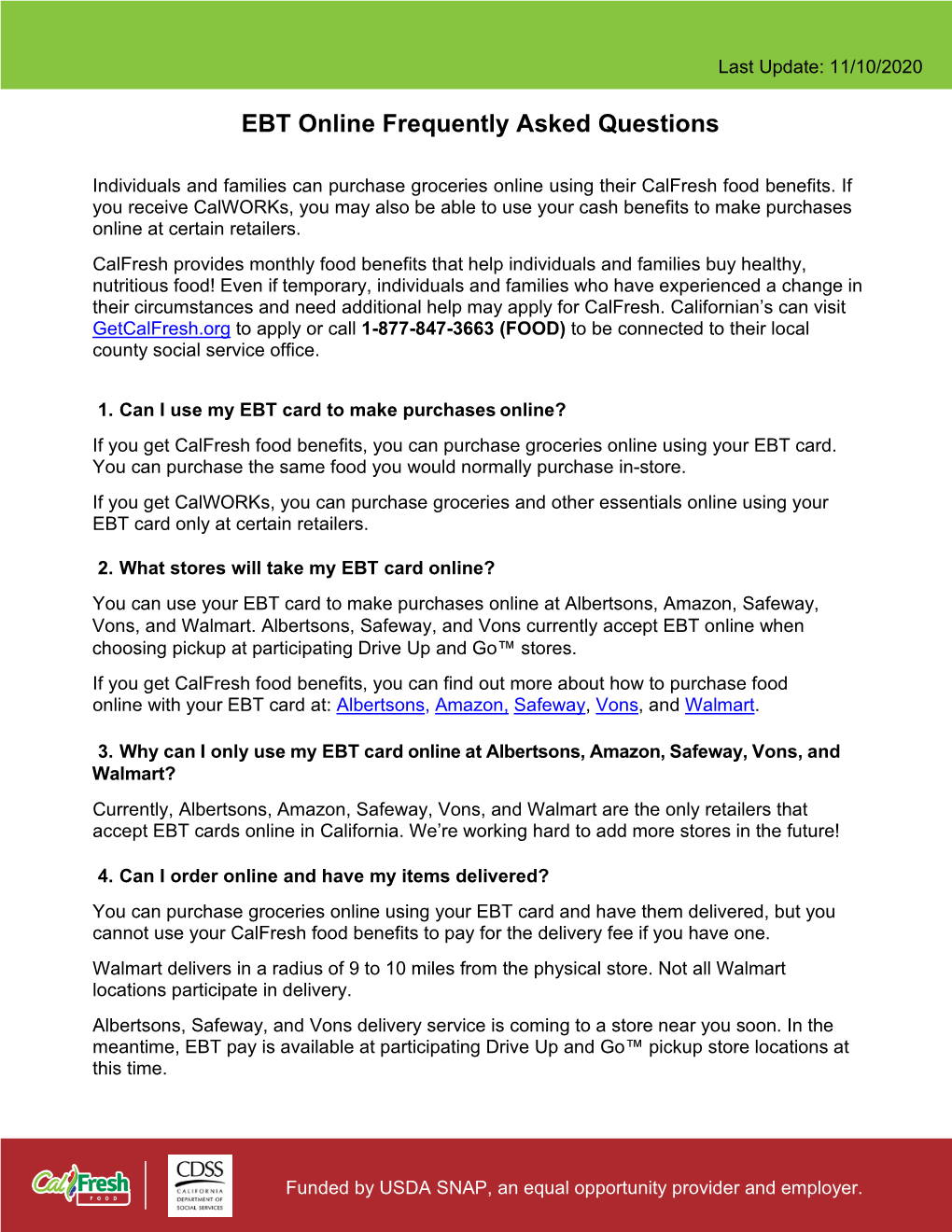 Calfresh EBT Online FAQ Sheet
