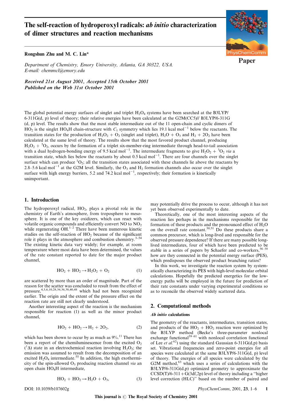 Paper the Self-Reaction of Hydroperoxyl Radicals