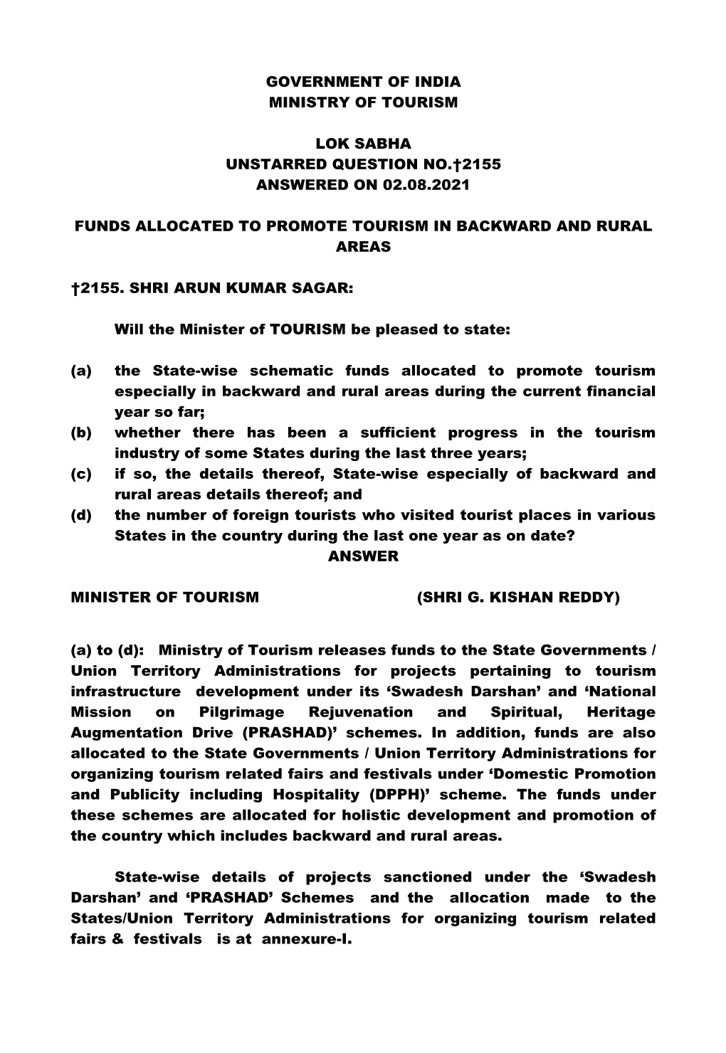 Government of India Ministry of Tourism Lok Sabha Unstarred Question No.†2155 Answered on 02.08.2021 Funds Allocated to Promot