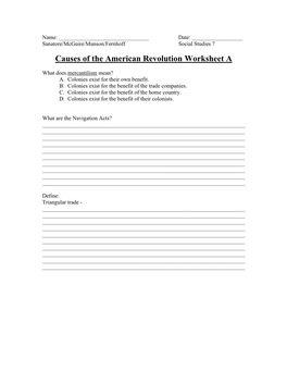 Causes of the American Revolution Worksheet A
