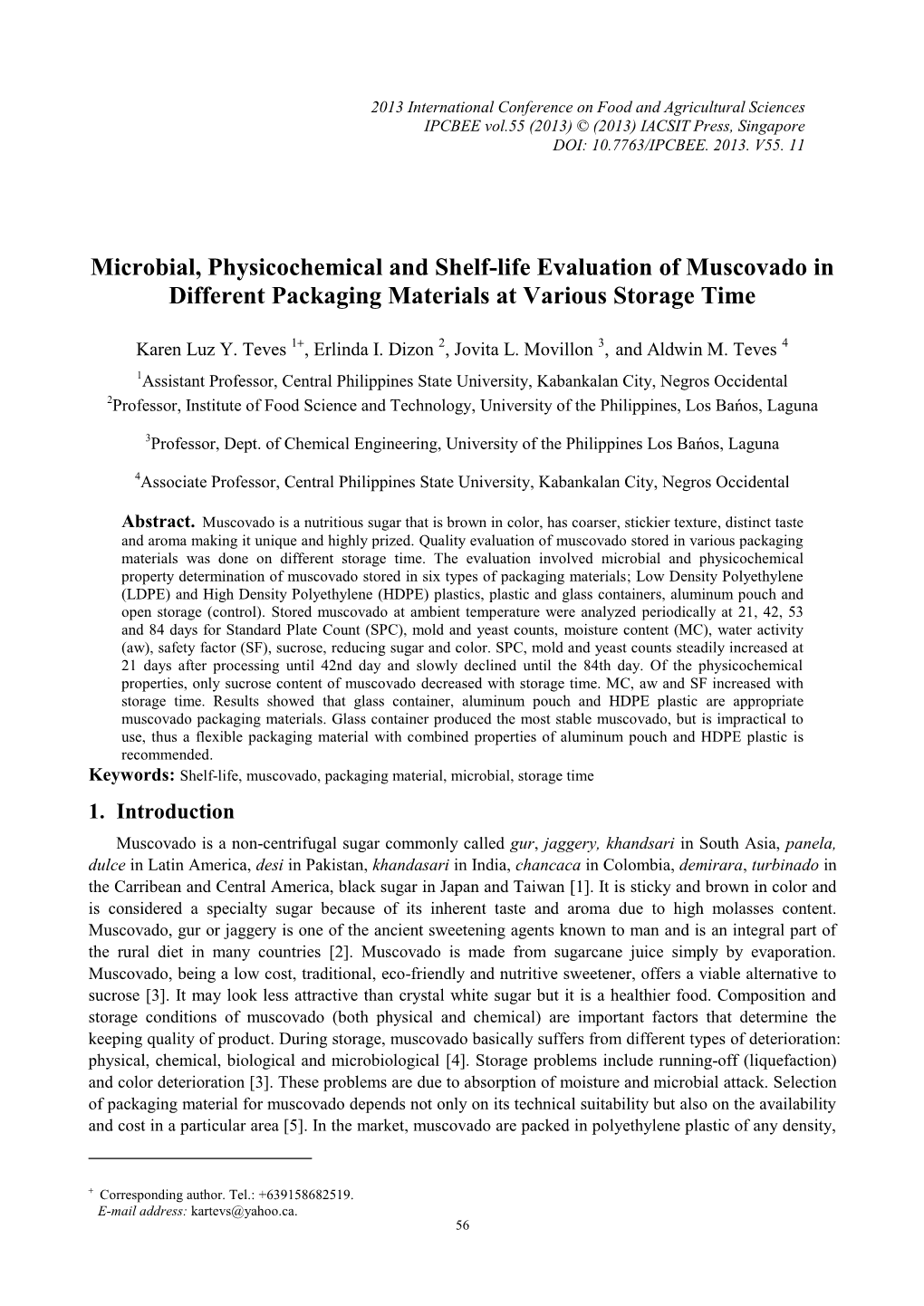 Microbial, Physicochemical and Shelf-Life Evaluation of Muscovado in Different Packaging Materials at Various Storage Time